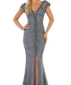 May Queen - RQ7654 Applique Deep V-neck Trumpet Dress