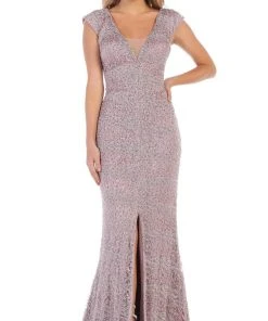 May Queen - RQ7654 Applique Deep V-neck Trumpet Dress
