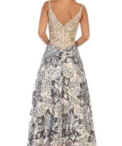 Formal Gowns May Queen - RQ7655 Two Tone Embellished Deep V-neck A-line Dress