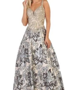 Formal Gowns May Queen - RQ7655 Two Tone Embellished Deep V-neck A-line Dress