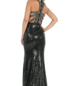 Formal Gowns May Queen - RQ7656 Crystal Trimmed Sequined High Slit Gown