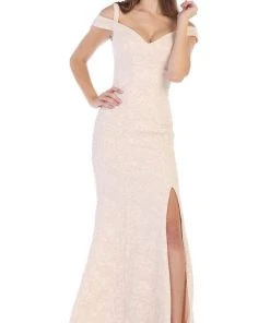 May Queen - RQ7663 Off-Shoulder Trumpet Dress With High Slit