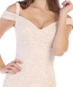 May Queen - RQ7663 Off-Shoulder Trumpet Dress With High Slit