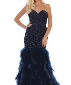 May Queen - RQ7668 Strapless Crystal Ornate Feathered Tulle Gown