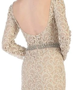 May Queen - RQ7671 Lace Long Sleeve Trumpet Dress With Train Formal Gowns