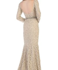 May Queen - RQ7671 Lace Long Sleeve Trumpet Dress With Train Formal Gowns