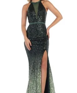 May Queen - RQ7673 Embellished Halter Trumpet Dress With Train Formal Gowns