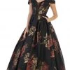 Formal Gowns May Queen - RQ7675 Floral Patterned Deep Off-Shoulder Pleated Ballgown