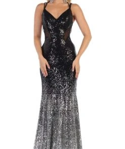 May Queen - RQ7677 Ombre Embellished V-neck Trumpet Dress Formal Gowns