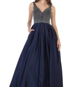 May Queen - RQ7680 Beaded Plunging V-Neck Ballgown Plus Size Dresses