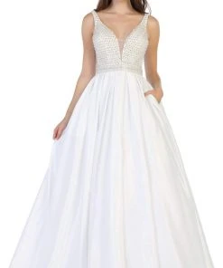 May Queen - RQ7680 Beaded Plunging V-Neck Ballgown Plus Size Dresses
