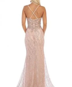 May Queen - RQ7683 Embellished Deep V-neck Trumpet Dress Formal Gowns