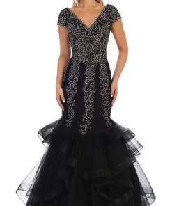 May Queen - RQ7690 Embroidered V-Neck Ruffled Mermaid Dress