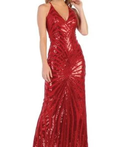Formal Gowns May Queen - RQ7695 Embellished Plunging V-neck Sheath Dress