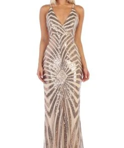 Formal Gowns May Queen - RQ7695 Embellished Plunging V-neck Sheath Dress