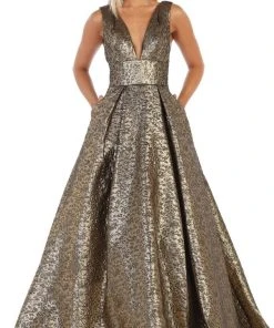 May Queen - RQ7701 Deep V-neck Pleated Ballgown With Train Formal Gowns