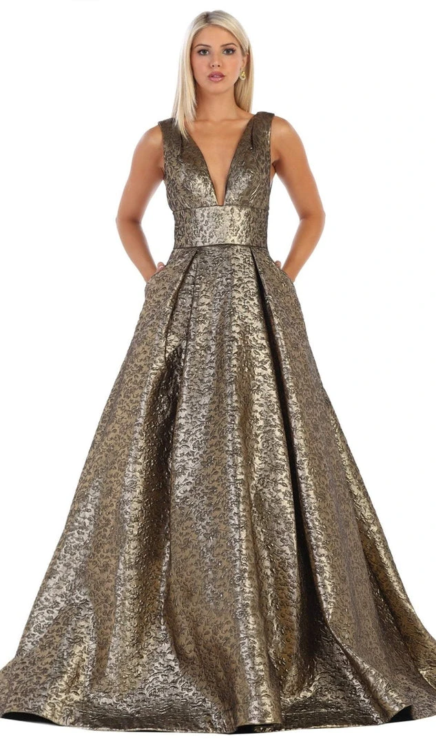 May Queen - RQ7701 Deep V-neck Pleated Ballgown With Train Formal Gowns 3 May Queen - RQ7701 Deep V-neck Pleated Ballgown With Train Formal Gowns