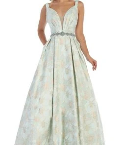 May Queen - RQ7715 Pleated V-Neck A-Line Evening Gown