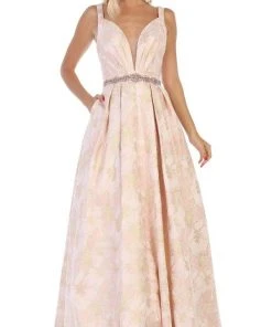 May Queen - RQ7715 Pleated V-Neck A-Line Evening Gown