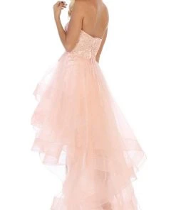 Formal Gowns May Queen - RQ7716 Strapless Lace Appliqued High Low Gown
