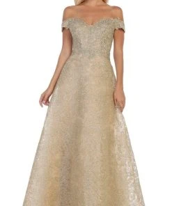 Formal Gowns May Queen - RQ7722 Embellished Off-Shoulder A-line Dress