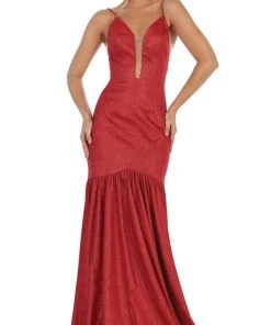 May Queen - RQ7725 Plunging V-Neck Fitted Trumpet Gown Formal Gowns