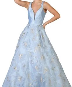 May Queen - RQ7730 Plunging V-Neck Floral Ballgown Formal Gowns