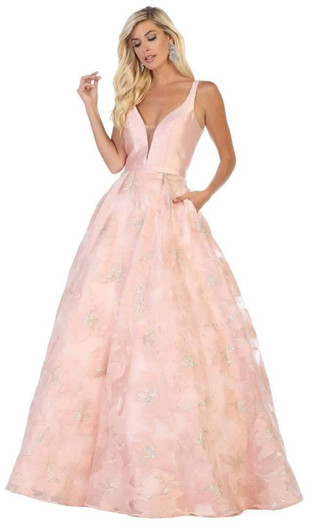 May Queen - RQ7730 Plunging V-Neck Floral Ballgown Formal Gowns 5 May Queen - RQ7730 Plunging V-Neck Floral Ballgown Formal Gowns