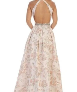 May Queen - RQ7731 Floral Detailed Halter V-neck A-line Dress Formal Gowns
