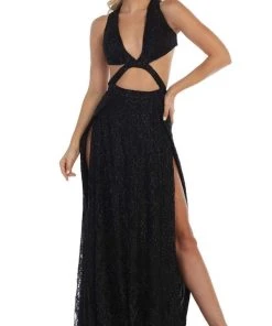 Formal Gowns May Queen - RQ7736 Glitter Lace Double High Slit Gown