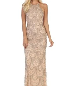 Formal Gowns May Queen - RQ7740 Embellished Halter Sheath Dress With Mini Train