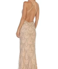 Formal Gowns May Queen - RQ7740 Embellished Halter Sheath Dress With Mini Train