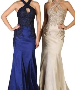 May Queen - RQ7743 Appliqued Halter Mermaid Gown