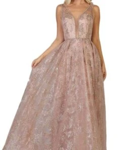 May Queen - RQ7769 Embellished Deep V-neck Pleated Ballgown