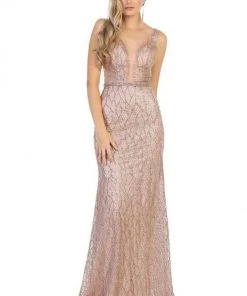 May Queen - RQ7783 Embellished Deep V-neck Trumpet Dress