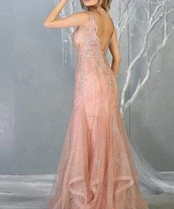 Formal Gowns May Queen - RQ7786 Embellished Scalloped V-neck Trumpet Dress