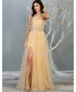 Formal Gowns May Queen - RQ7809 Beaded Asymmetrical Dress With Slit