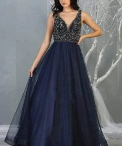 May Queen - RQ7860 Embellished Plunging V-neck A-line Gown