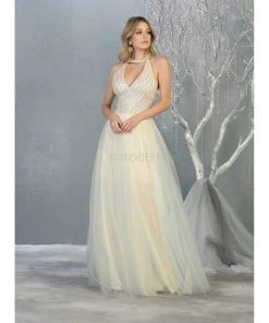May Queen - RQ7863 Strappy High Halter A-Line Gown Formal Gowns