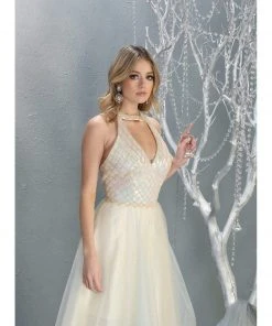 May Queen - RQ7863 Strappy High Halter A-Line Gown Formal Gowns