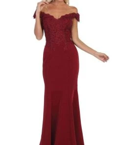 Formal Gowns May Queen - Scalloped Off-Shoulder Trumpet Dress MQ1675 - 1 Pc Burgundy In Sizes 6 Available