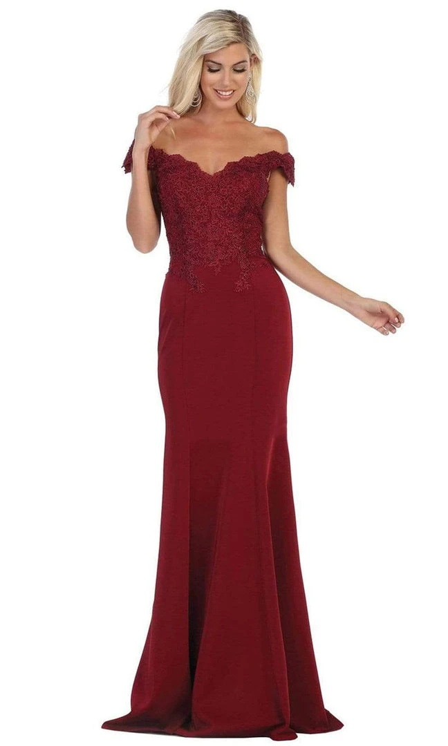 Formal Gowns May Queen - Scalloped Off-Shoulder Trumpet Dress MQ1675 - 1 Pc Burgundy In Sizes 6 Available 3 Formal Gowns May Queen - Scalloped Off-Shoulder Trumpet Dress MQ1675 - 1 Pc Burgundy In Sizes 6 Available