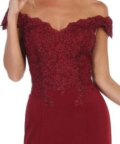 Formal Gowns May Queen - Scalloped Off-Shoulder Trumpet Dress MQ1675 - 1 Pc Burgundy In Sizes 6 Available 8 Formal Gowns May Queen - Scalloped Off-Shoulder Trumpet Dress MQ1675 - 1 Pc Burgundy In Sizes 6 Available
