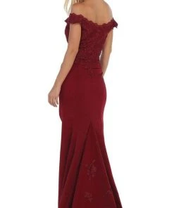 Formal Gowns May Queen - Scalloped Off-Shoulder Trumpet Dress MQ1675 - 1 Pc Burgundy In Sizes 6 Available