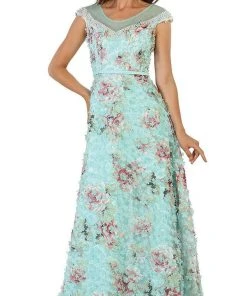 May Queen - Sheer Cap Sleeves Floral Embellished A-line Gown RQ7554 - 1 Pc Mint In Size O Available