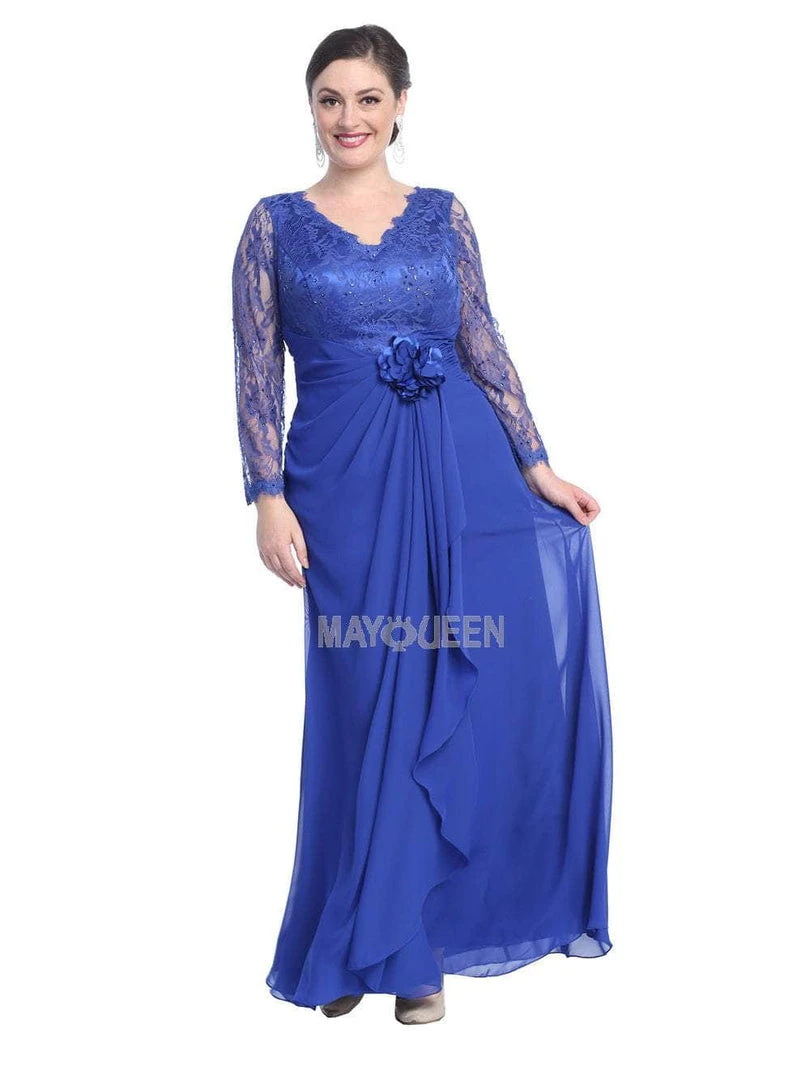 Formal Gowns May Queen - Sheer Long Sleeve Floral Accented A-Line Evening Dress 11 Formal Gowns May Queen - Sheer Long Sleeve Floral Accented A-Line Evening Dress