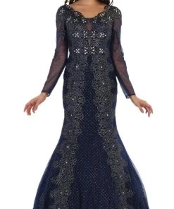 May Queen - Sheer Long Sleeve Rhinestone Embellished Evening Dress Formal Gowns