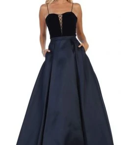 May Queen - Sleeveless Lace Up Front Pleated Ballgown RQ7742 - 1 Pc Navy In Size 14 Available Formal Gowns