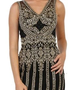 May Queen - Sleeveless V-neck Embellished Sheath Evening Gown