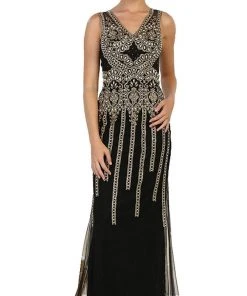 May Queen - Sleeveless V-neck Embellished Sheath Evening Gown